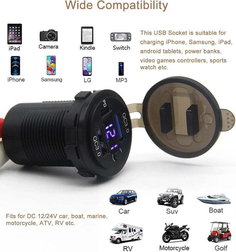 Y&D Dual USB QC3.0 PD USB C Car Charger Socket - 12V USB Outlet with Voltmeter & Power Switch - Automobile Charger for Car, Boat, Marine, Truck - Image 5